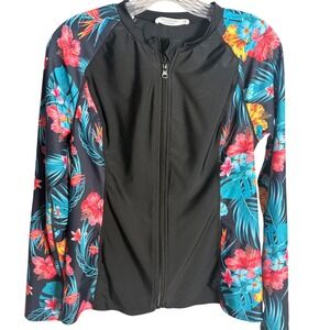 Jasambac‎ Rash Guard Swim Shirt Women Med Black Tropical Floral Full Zip UPF 50